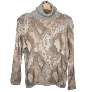 VINTAGE 80s Jeanne Pierre Beige Taupe Grey Abstract Print Turtleneck Sweater S